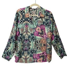 Chico’s 100% Linen Floral Roll-Tab Shirt Non-iron Boho Button-down Size 12/14